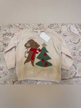 H&M Beige Knit Sweater with Brown Mouse and Green Tree
